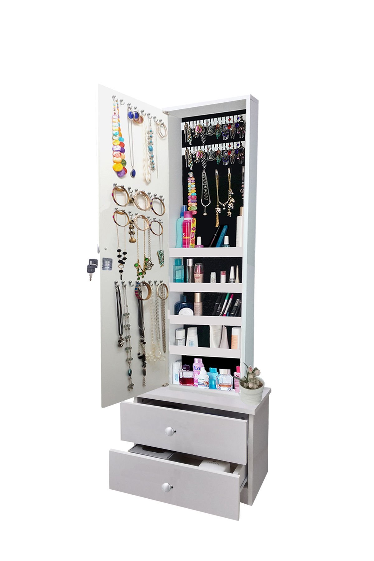 Numberone - 2 Çekmeceli - Kilitli - Demonte - Aynalı Takı Dolabı - Beyaz -