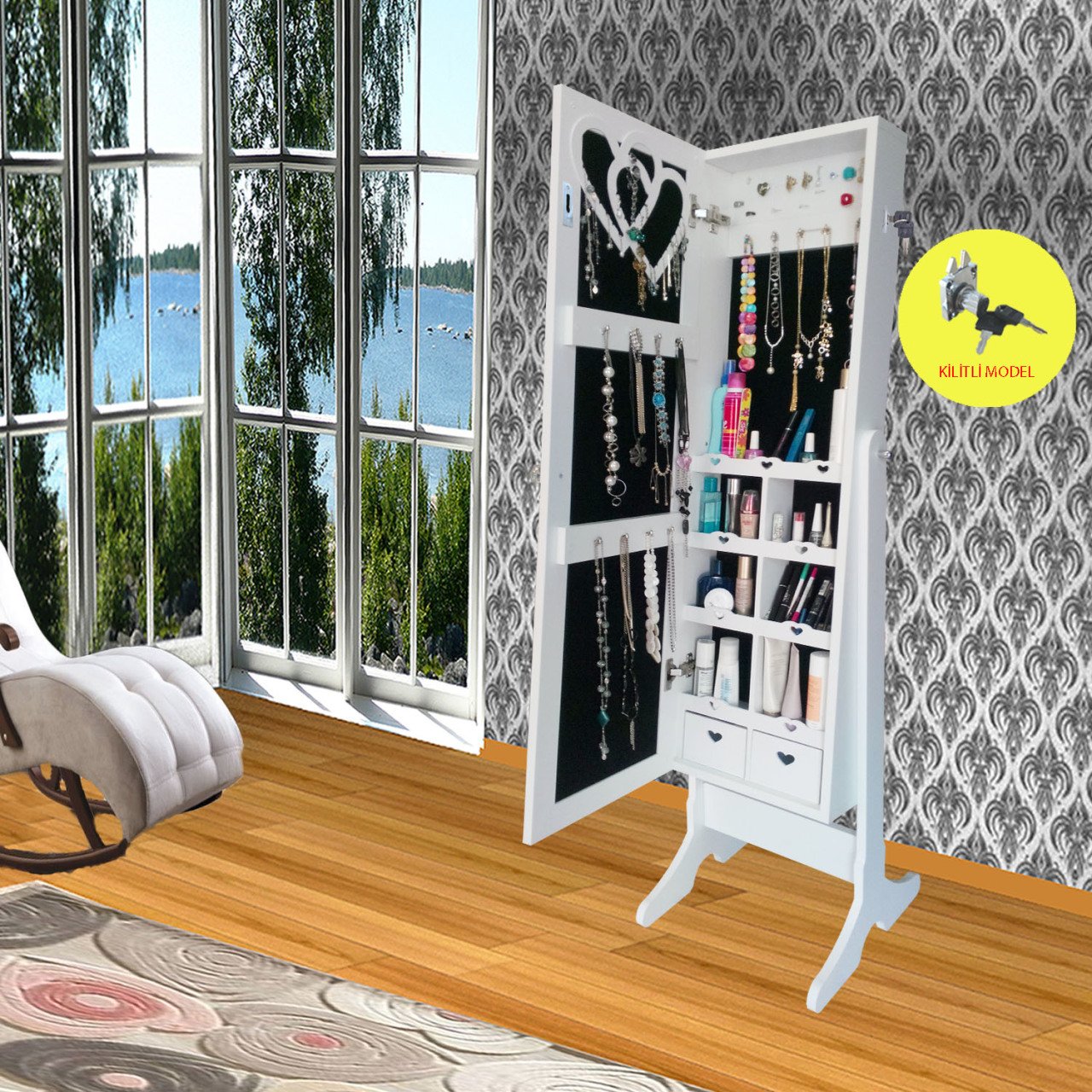 Takı Dolabı - Number One - Kilitli ,Aynalı Takı Dolabı -Ayaklı Beyaz/Siyah