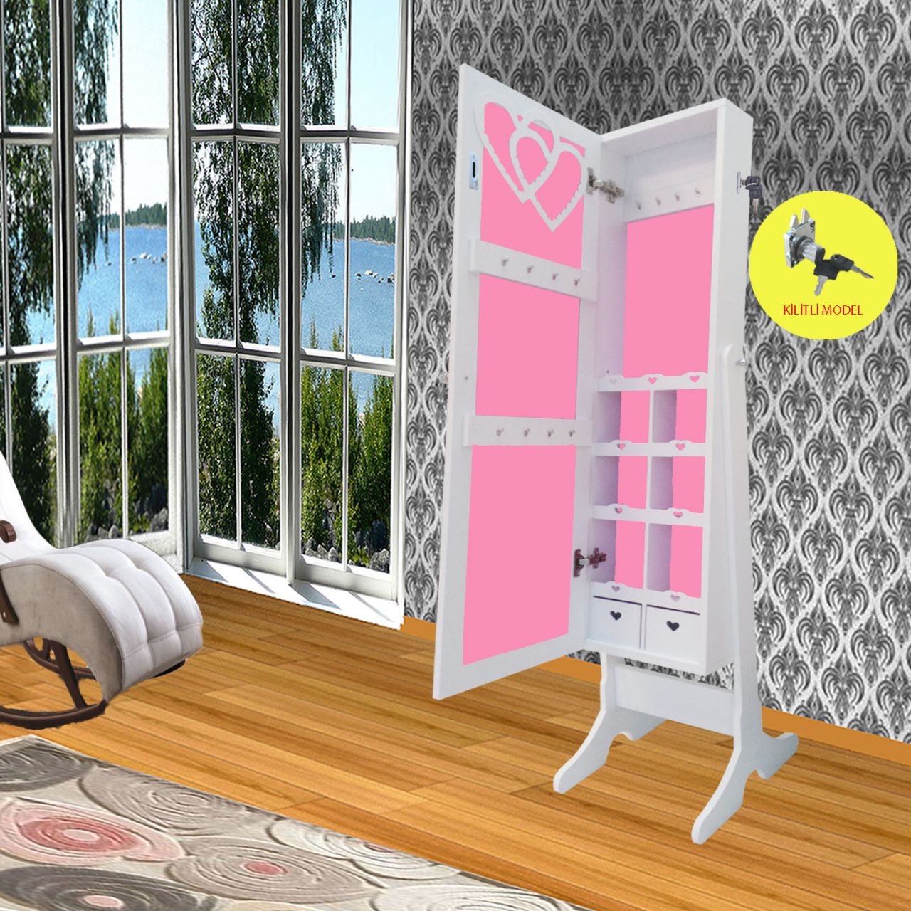 Takı Dolabı - Number One - Kilitli ,Aynalı Takı Dolabı -Ayaklı Beyaz/Pembe