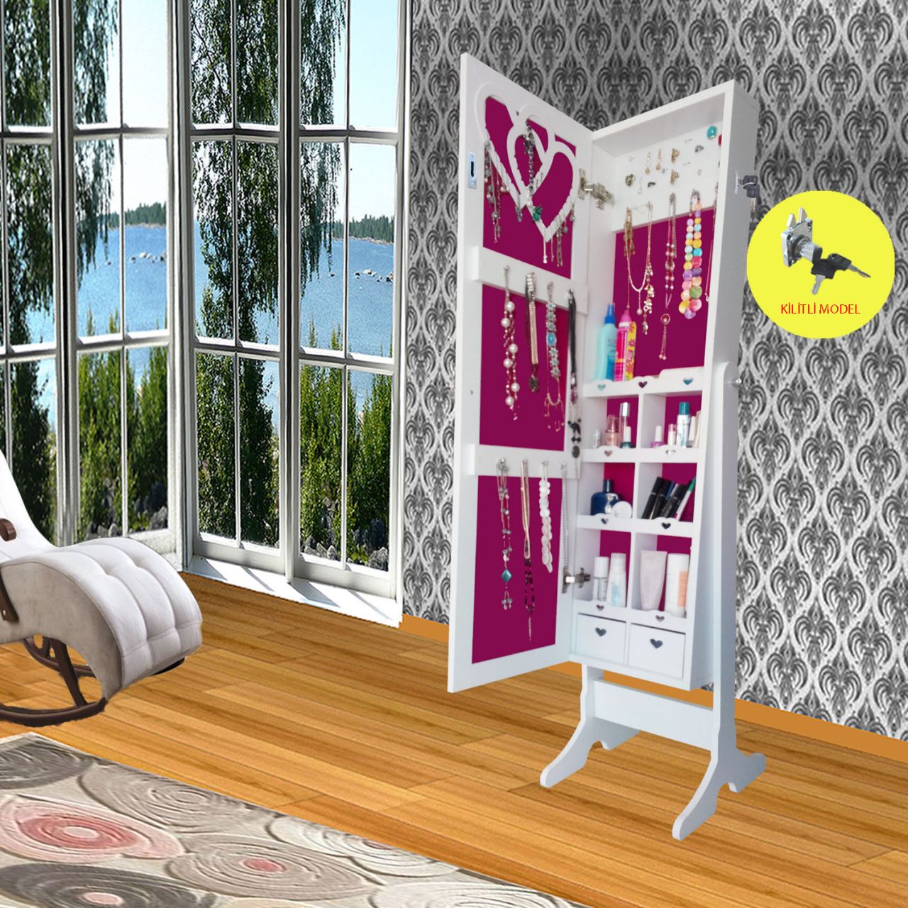 Takı Dolabı - Number One - Kilitli ,Aynalı Takı Dolabı -Ayaklı Beyaz/Fuşya
