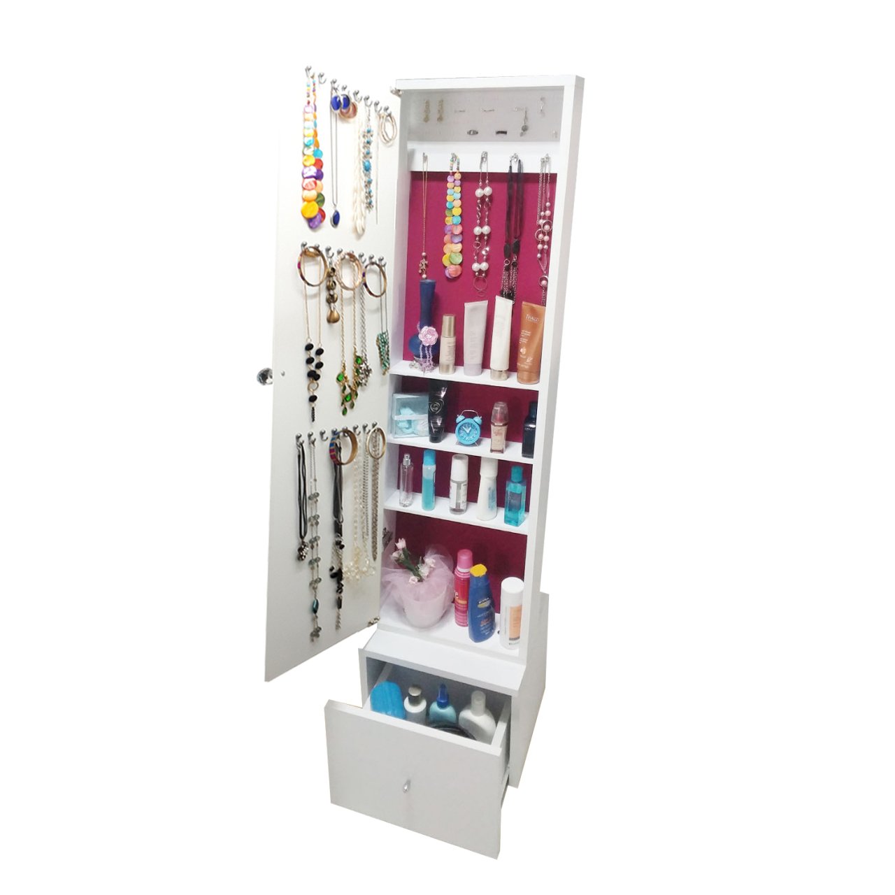 Takı Dolabı - Happy - Aynalı Takı Dolabı/Beyaz-Fuşya