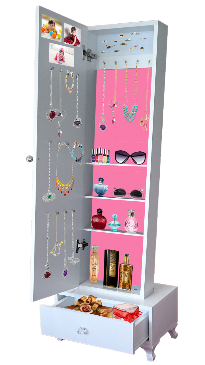 Takı Dolabı - First One Gold-Aynalı Takı Dolabı/Beyaz-Pembe
