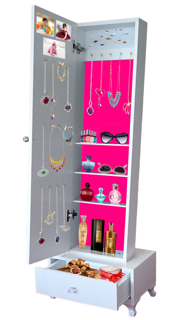 Takı Dolabı - First One Gold-Aynalı Takı Dolabı/Beyaz-Fuşya