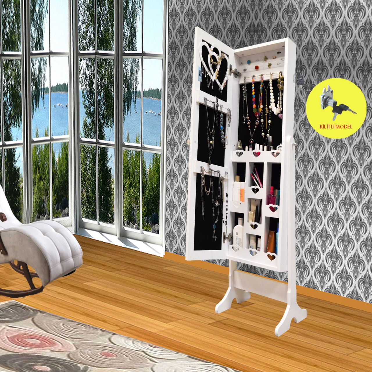 Takı Dolabı - Trendy-Kilitli & Aynalı Takı Dolabı-BEYAZ/SİYAH