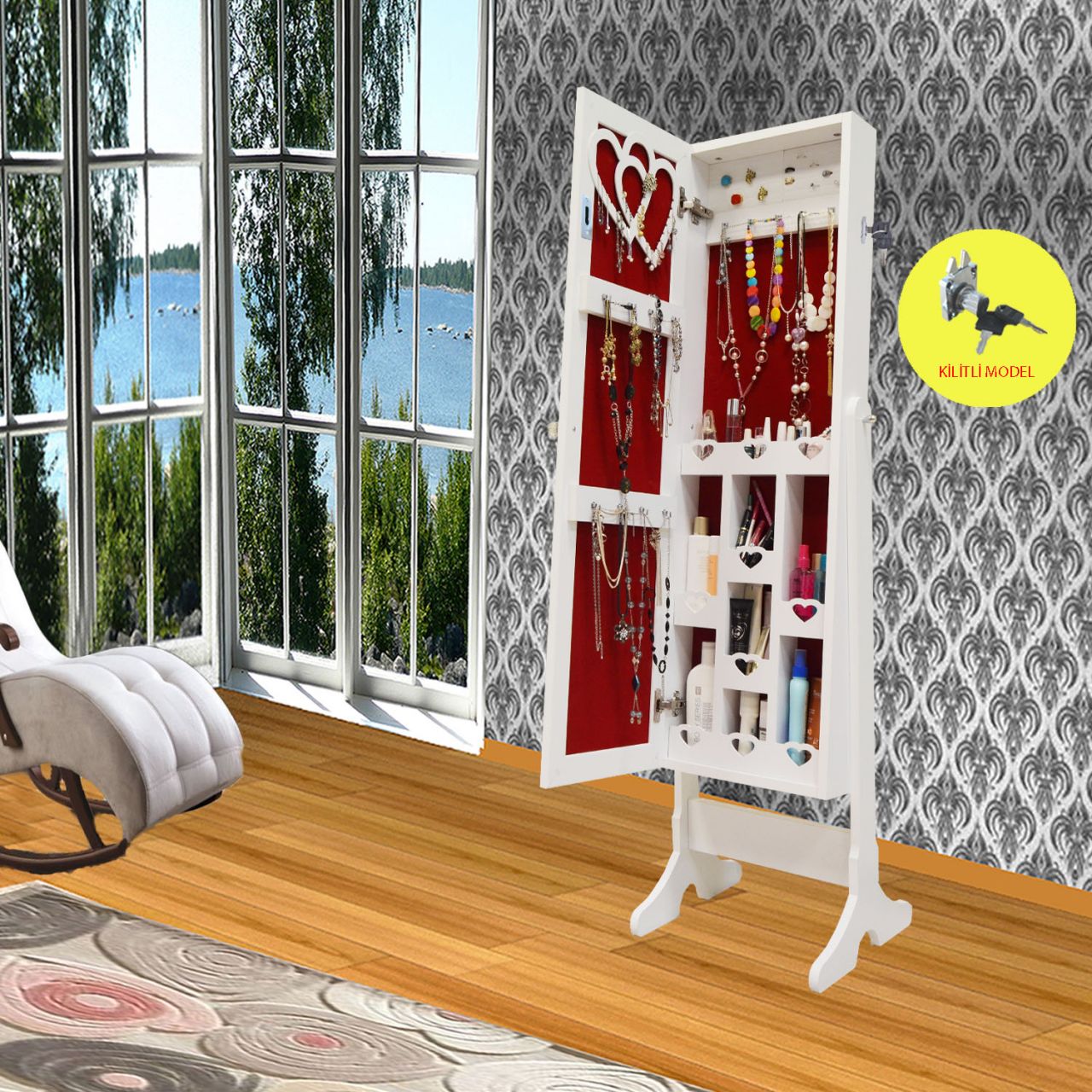 Takı Dolabı - Trendy-Kilitli & Aynalı Takı Dolabı-BEYAZ/KIRMIZI