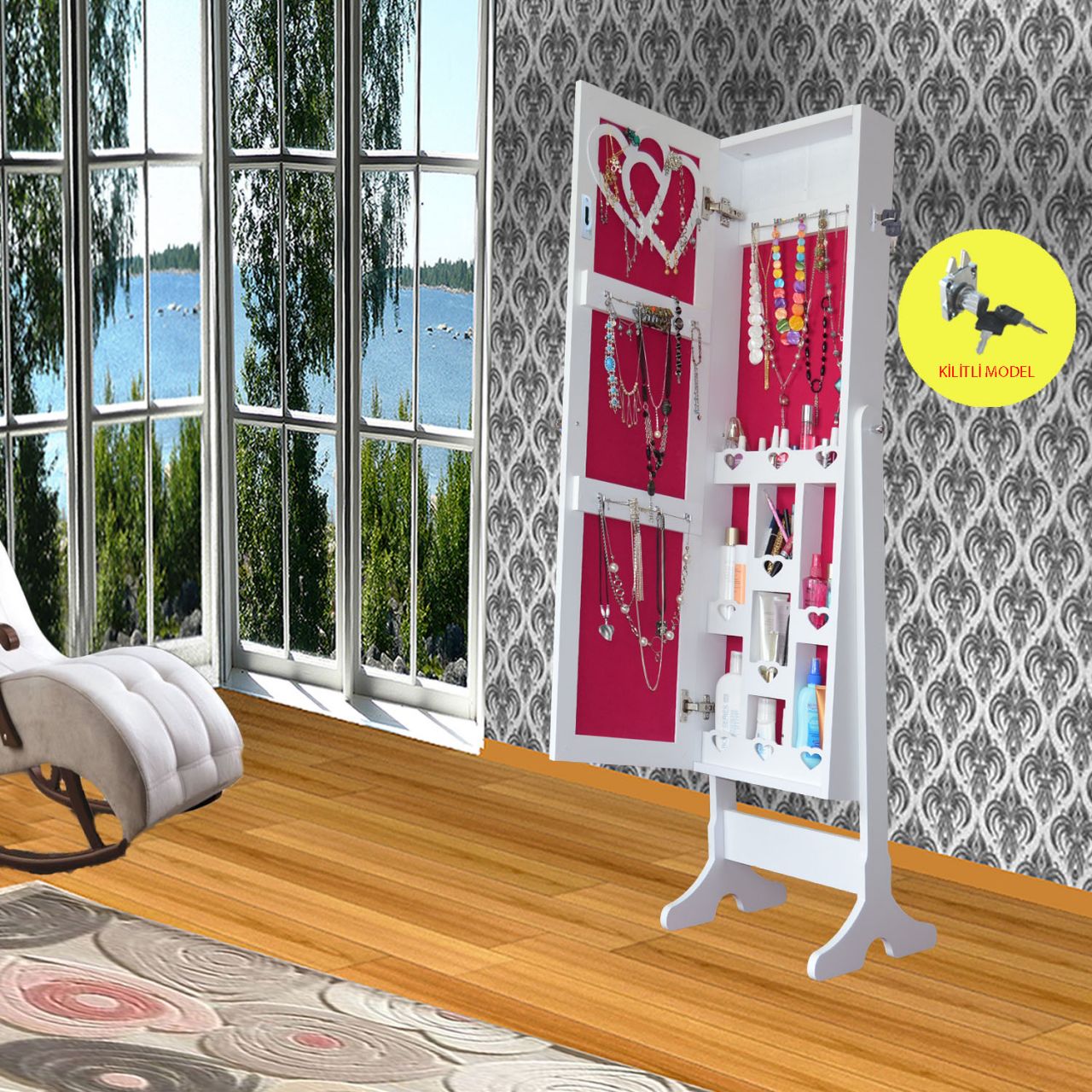 Takı Dolabı - Trendy-Kilitli & Aynalı Takı Dolabı/Beyaz-Fuşya