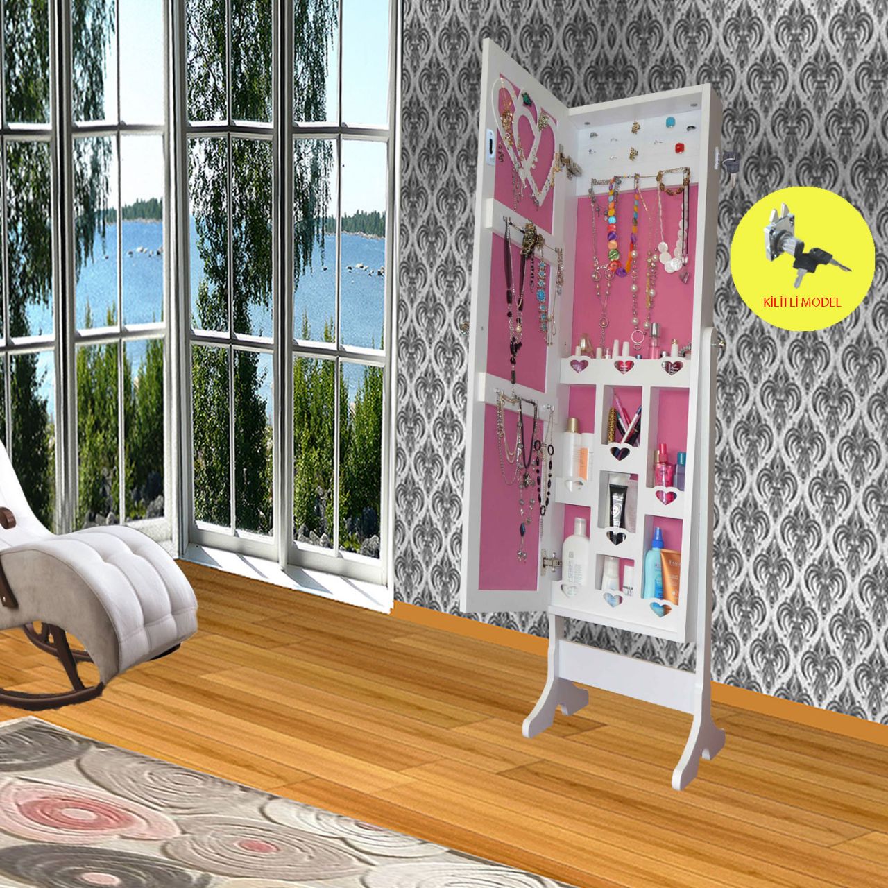 Takı Dolabı - Trendy-Kilitli & Aynalı Takı Dolabı-BEYAZ/PEMBE