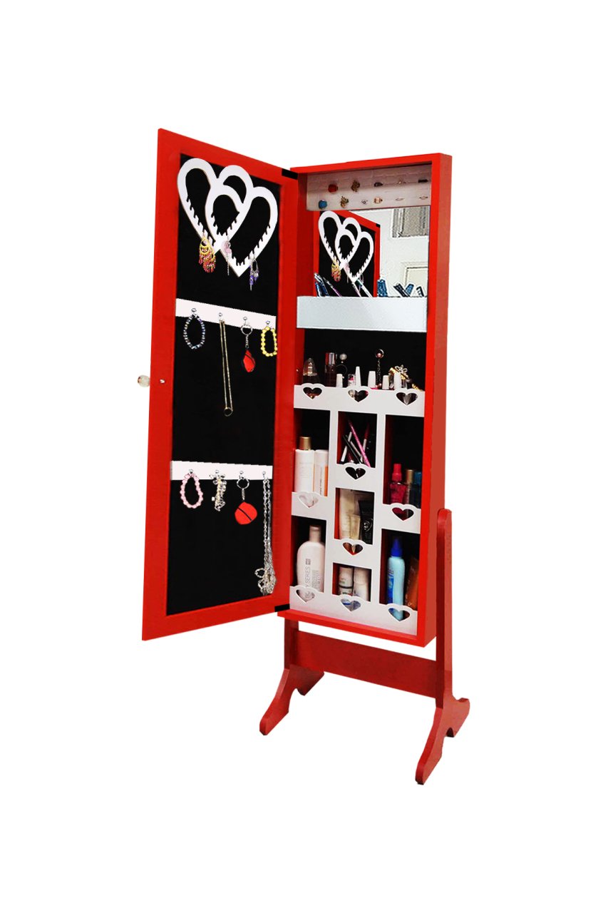 Takı Dolabı - Trendy-Aynalı Takı Dolabı-KIRMIZI/SİYAH