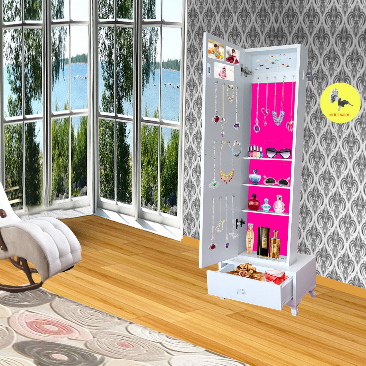 Takı Dolabı - First One Gold-Kilitli&Aynalı Takı Dolabı/Beyaz-Fuşya