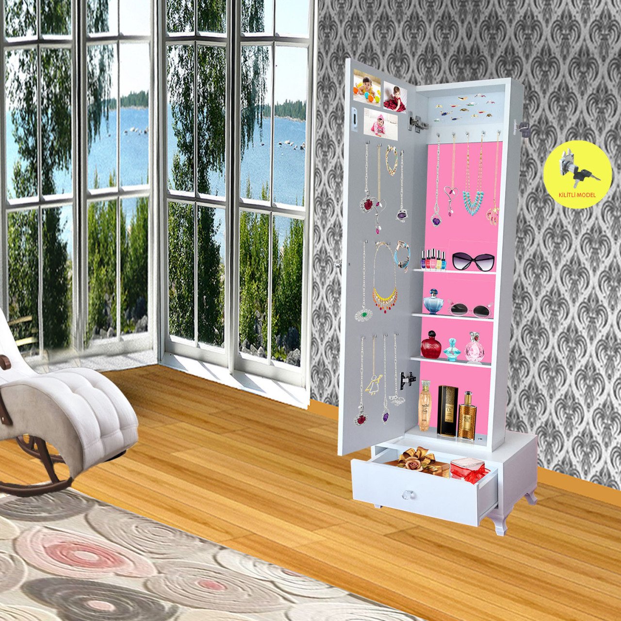 Takı Dolabı - First One Gold-Kilitli&Aynalı Takı Dolabı/Beyaz-Pembe
