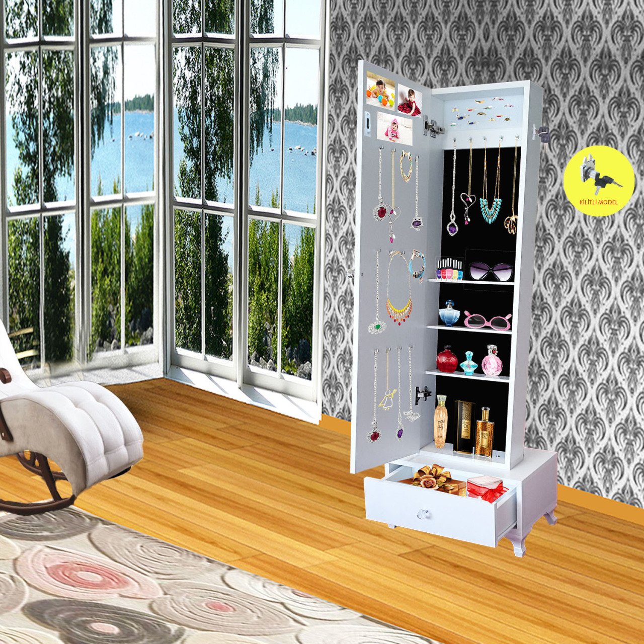 Takı Dolabı - First One Gold-Kilitli&Aynalı Takı Dolabı/Beyaz-Siyah