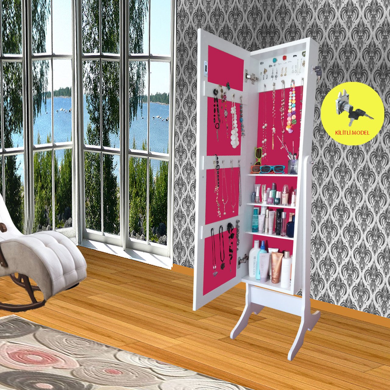 Takı Dolabı - First-Kilitli & Aynalı Takı Dolabı-BEYAZ/FUŞYA