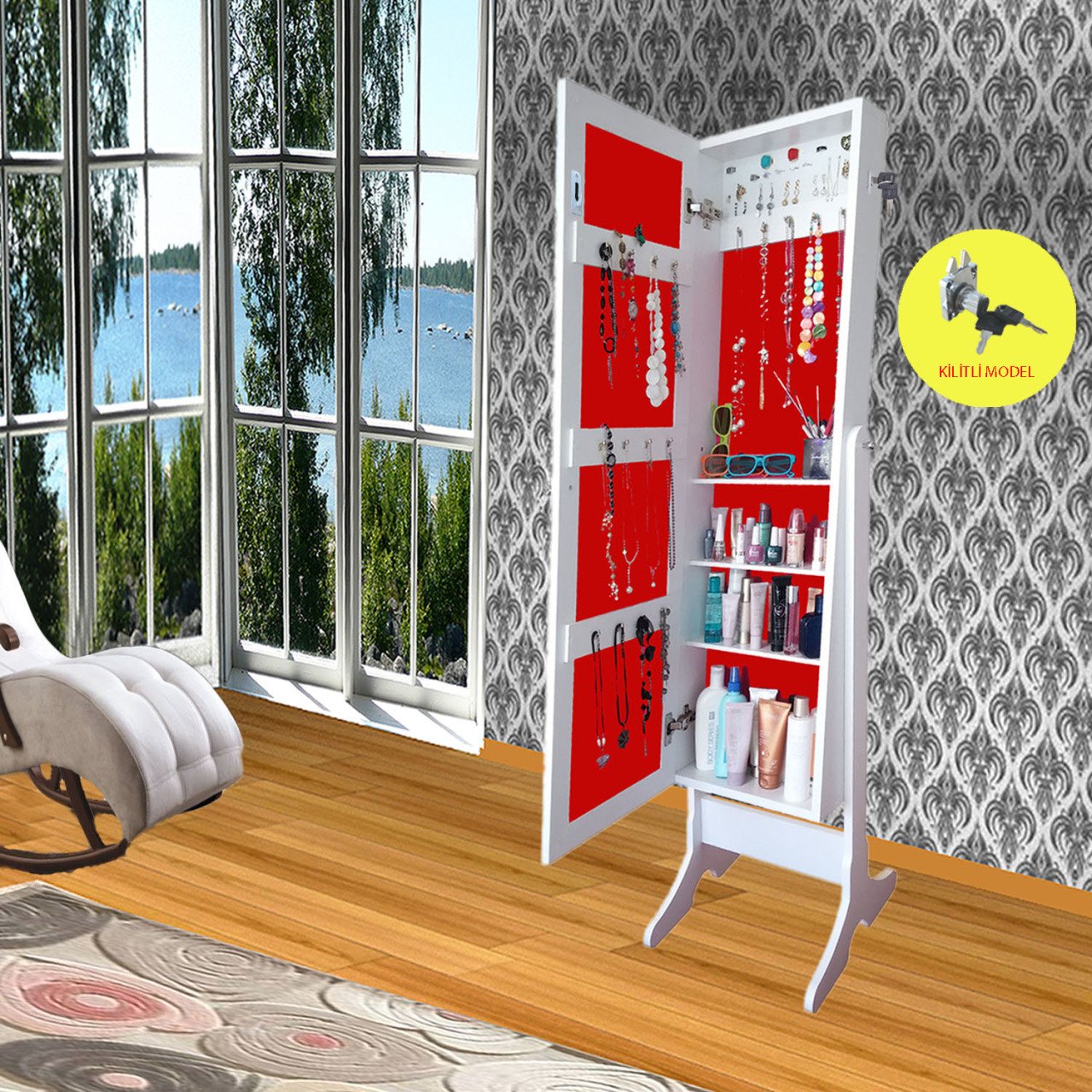 Takı Dolabı - First-Kilitli & Aynalı Takı Dolabı-BEYAZ/KIRMIZI