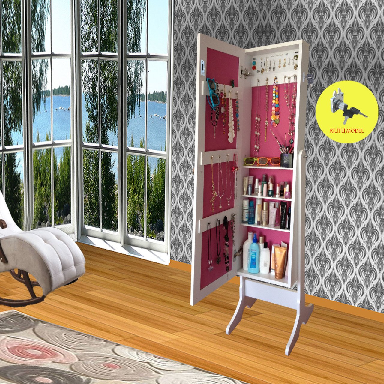 Takı Dolabı - First-Kilitli & Aynalı Takı Dolabı-BEYAZ/PEMBE