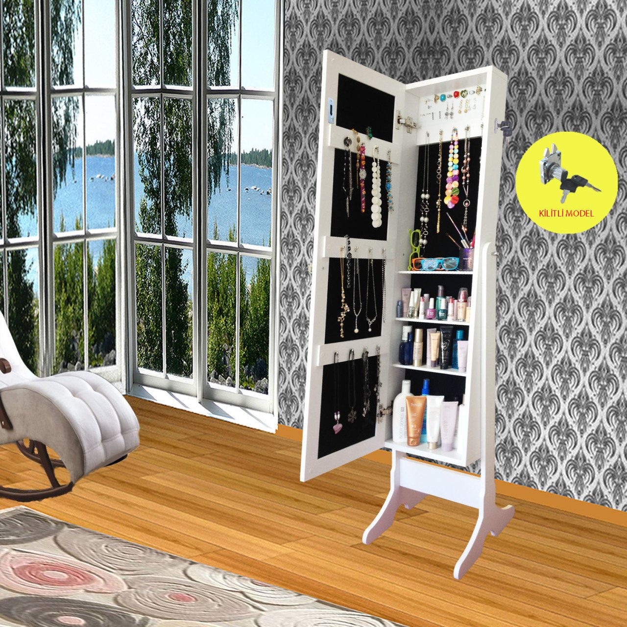 Takı Dolabı - First-Kilitli & Aynalı Takı Dolabı-BEYAZ/SİYAH