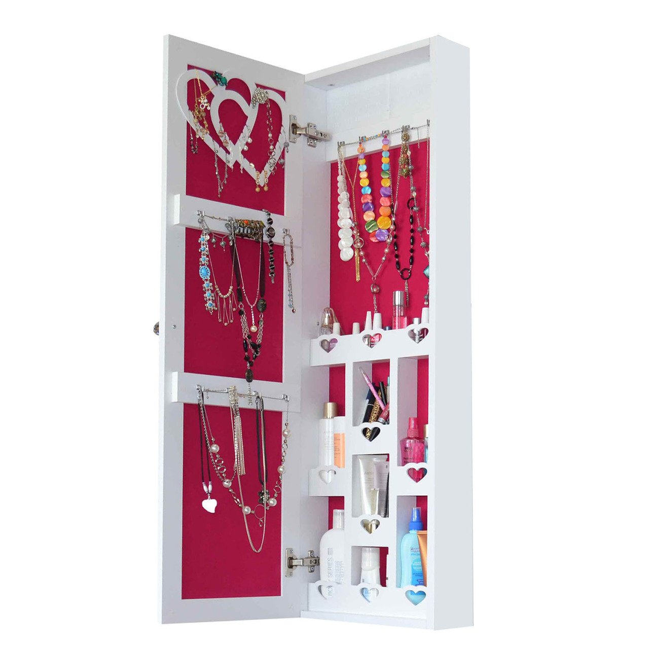 Takı Dolabı - Trendy Aynalı Takı Dolabı Duvara Asma Beyaz/Fuşya