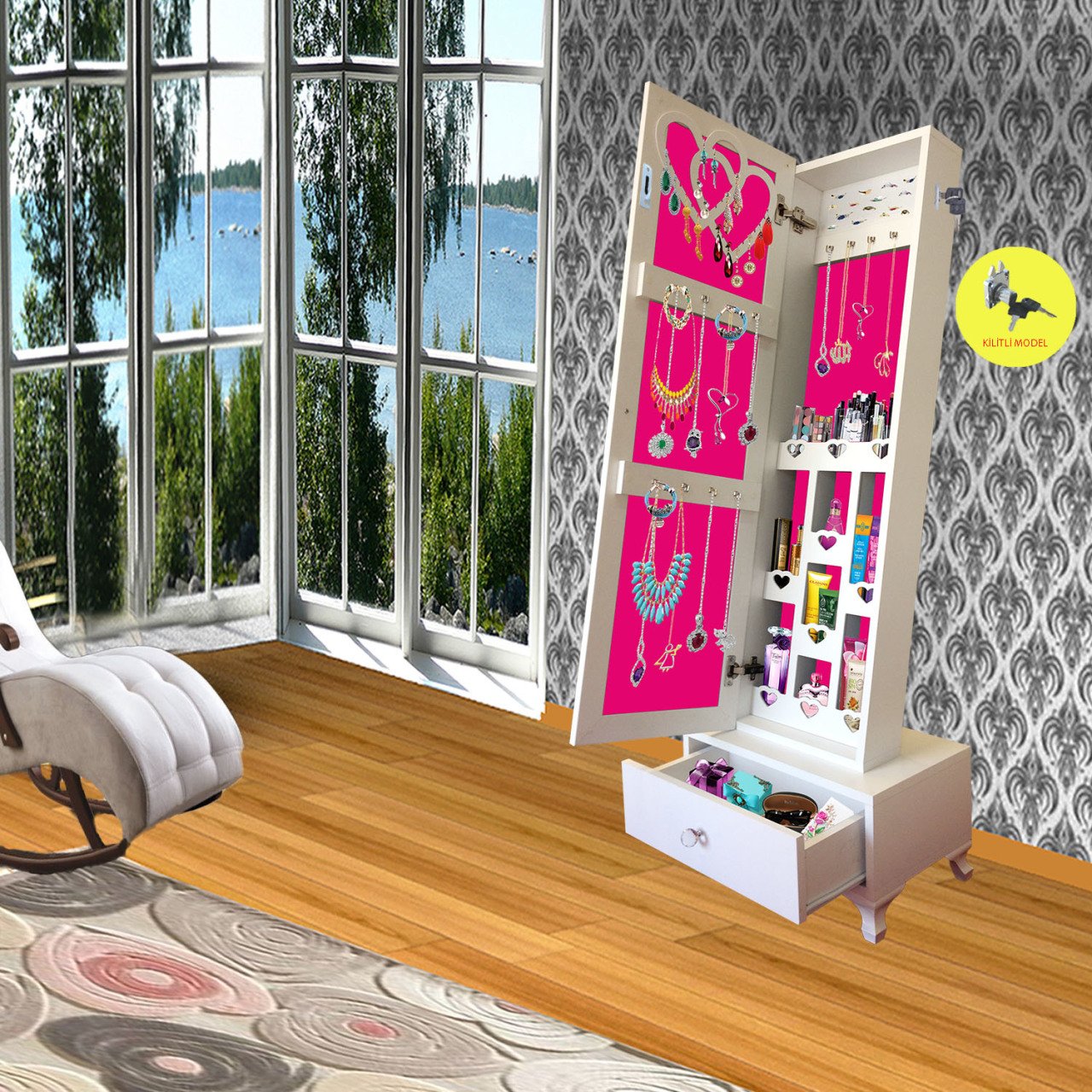 Takı Dolabı - Trendy Gold Kilitli - Aynalı Takı Dolabı/Beyaz-Fuşya