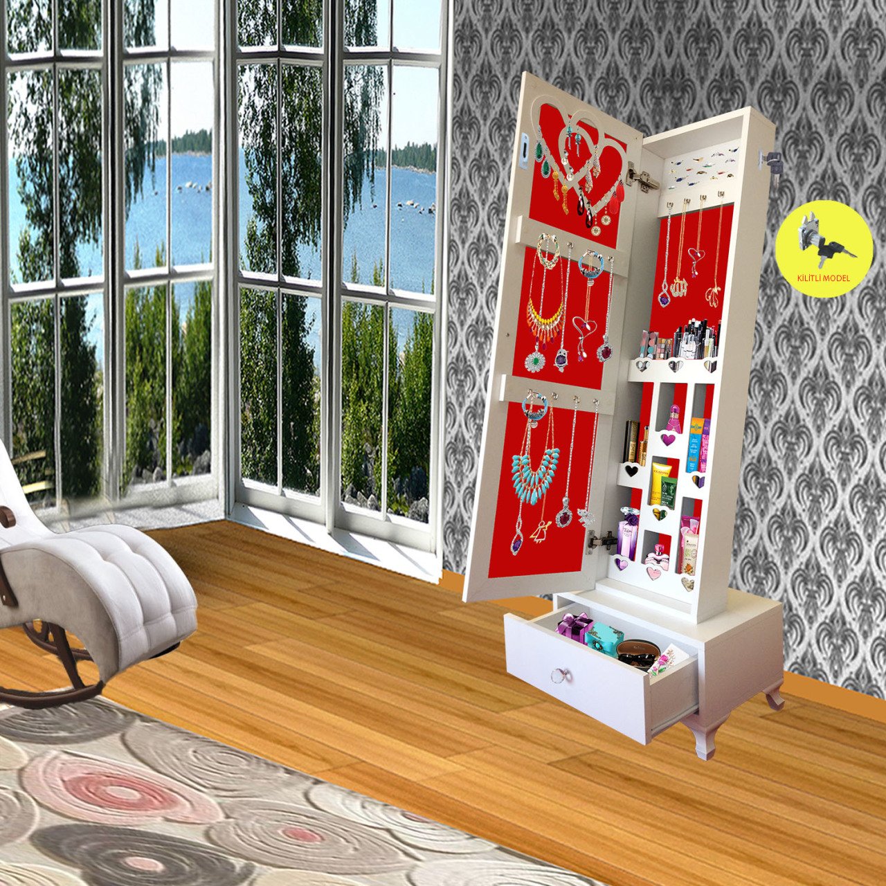 Takı Dolabı - Trendy Gold Kilitli - Aynalı Takı Dolabı/Beyaz-Kırmız