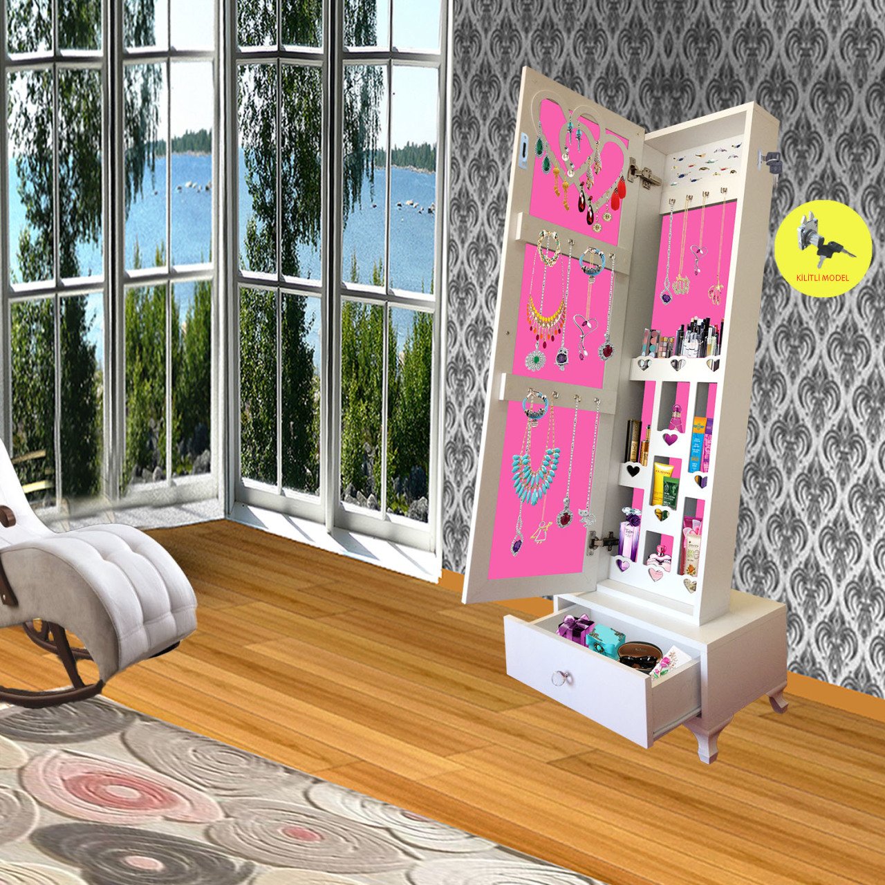 Takı Dolabı - Trendy Gold Kilitli - Aynalı Takı Dolabı/Beyaz-Pembe