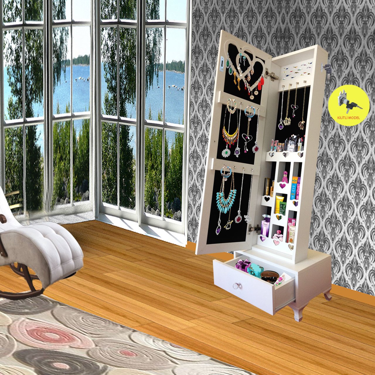 Takı Dolabı - Trendy Gold Kilitli - Aynalı Takı Dolabı/Beyaz-Siyah