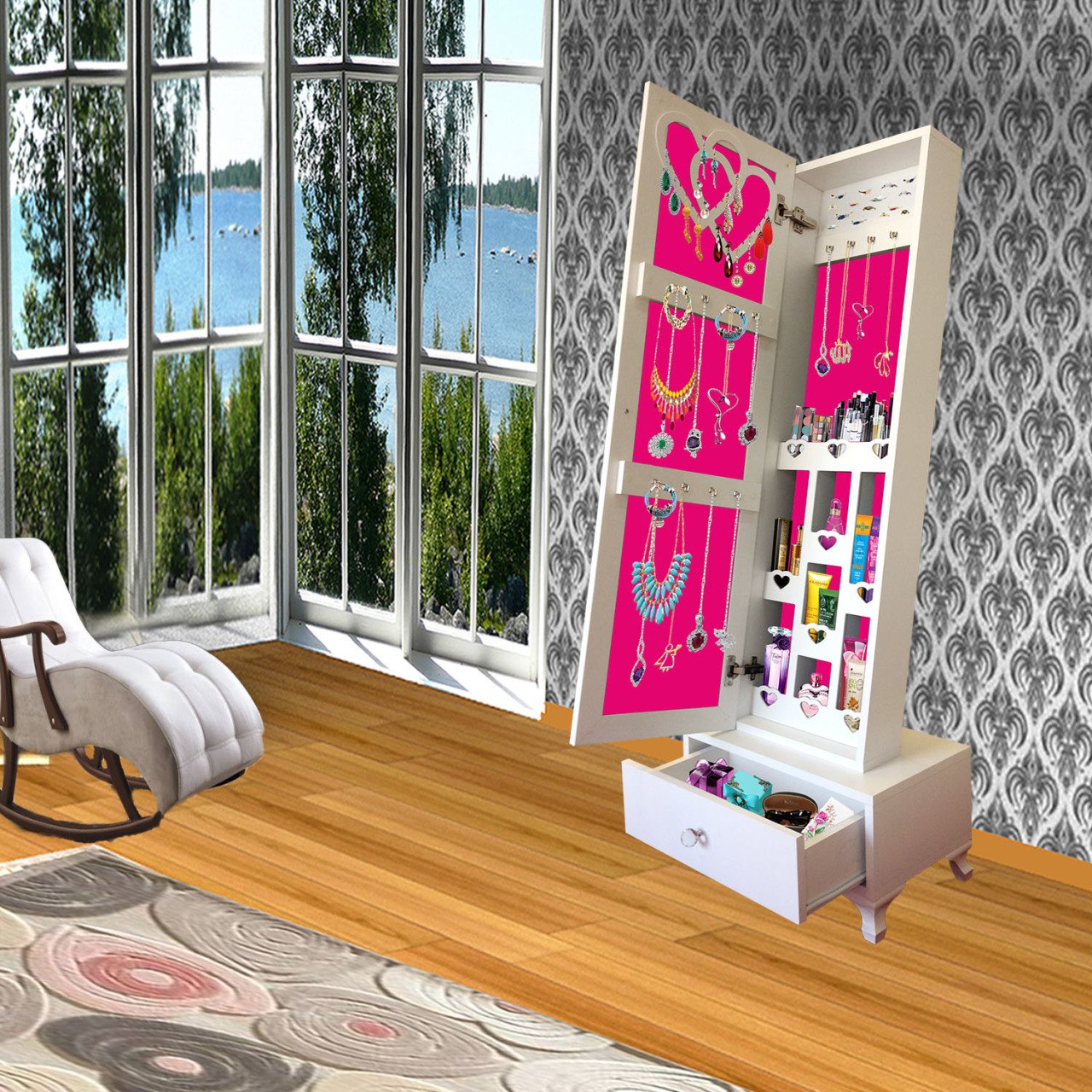 Takı Dolabı - Trendy Gold-Aynalı Takı Dolabı/Beyaz-Fuşya