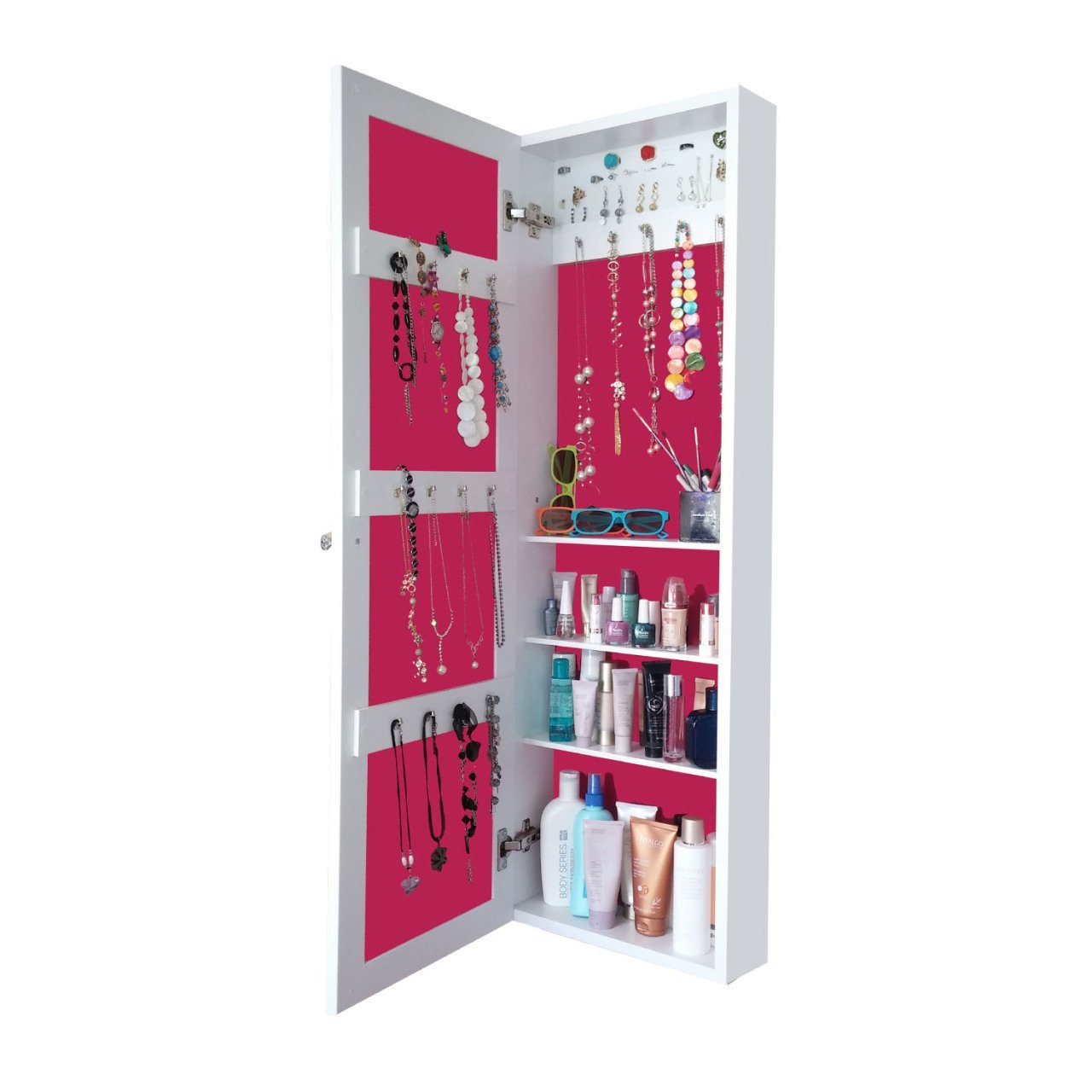 Takı Dolabı - First-Duvara asma-Aynalı Takı Dolabı-BEYAZ/FUŞYA