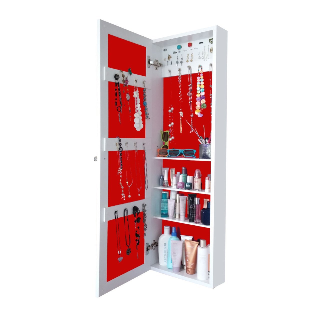 Takı Dolabı - First-Duvara asma-Aynalı Takı Dolabı-BEYAZ/KIRMIZI