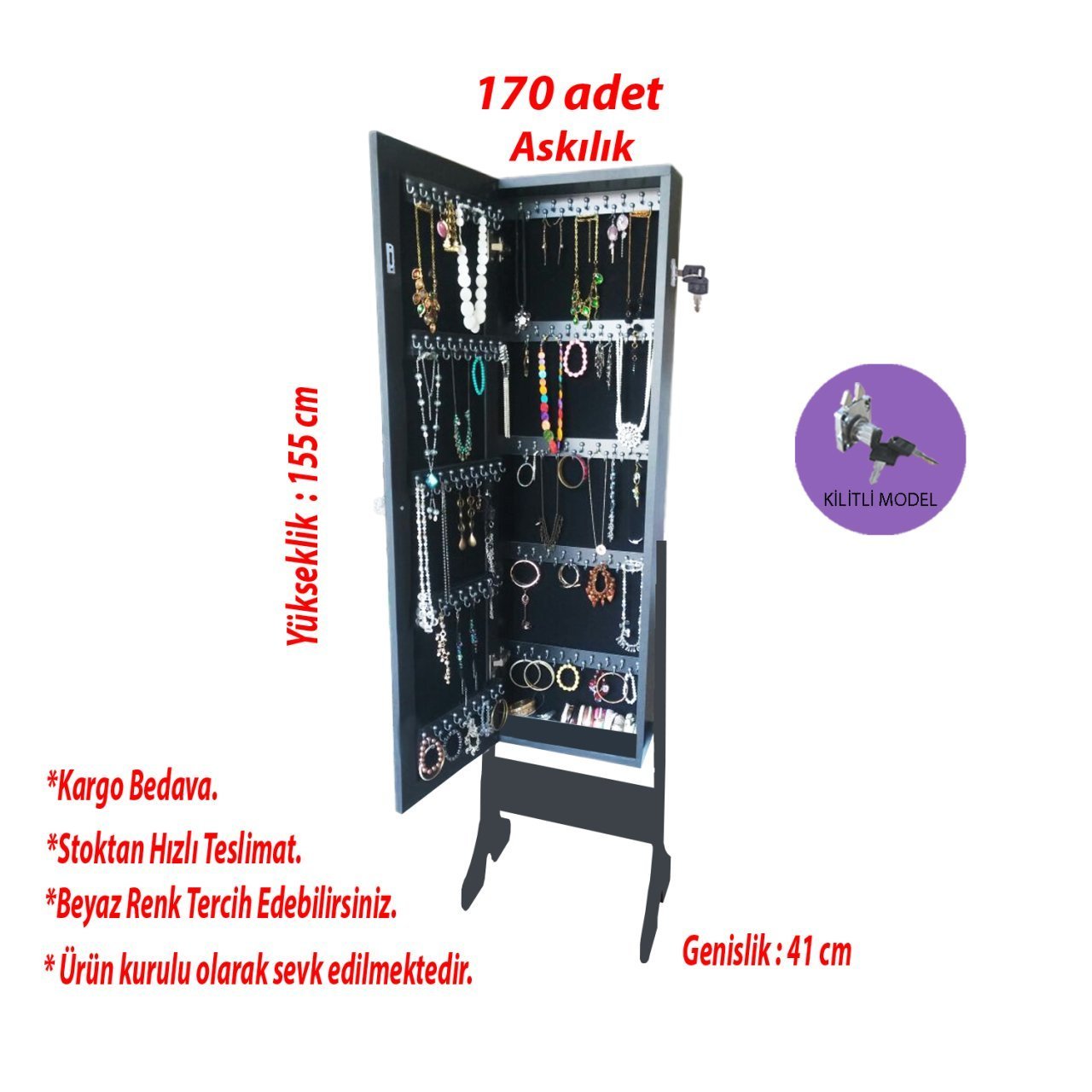 Takı Dolabı - İNCİ-Kilitli-Aynalı Takı Dolabı-SİYAH/SİYAH