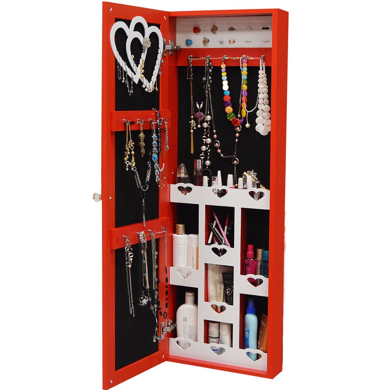 Takı Dolabı - Trendy Aynalı Takı Dolabı Duvara Asma Siyah/Kırmızı