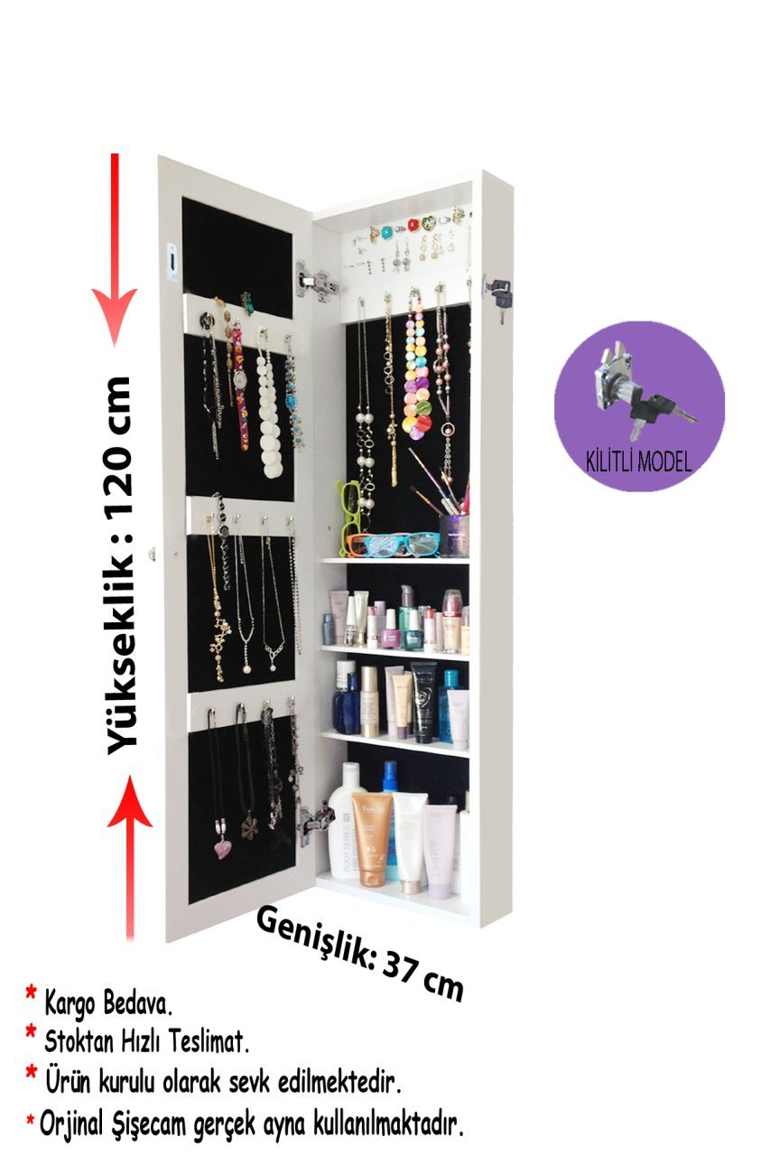 Takı Dolabı - First-Kilitli-Duvara asma-Aynalı Takı Dolabı-BEYAZ/SİYAH