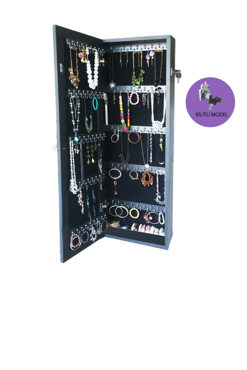 Takı Dolabı - İNCİ-Kilitli-Duvara Asma-Aynalı Takı Dolabı-SİYAH/SİYAH