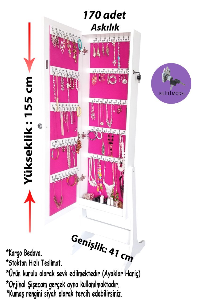 Takı Dolabı - İNCİ-Kilitli-Aynalı Takı Dolabı-BEYAZ-FUŞYA