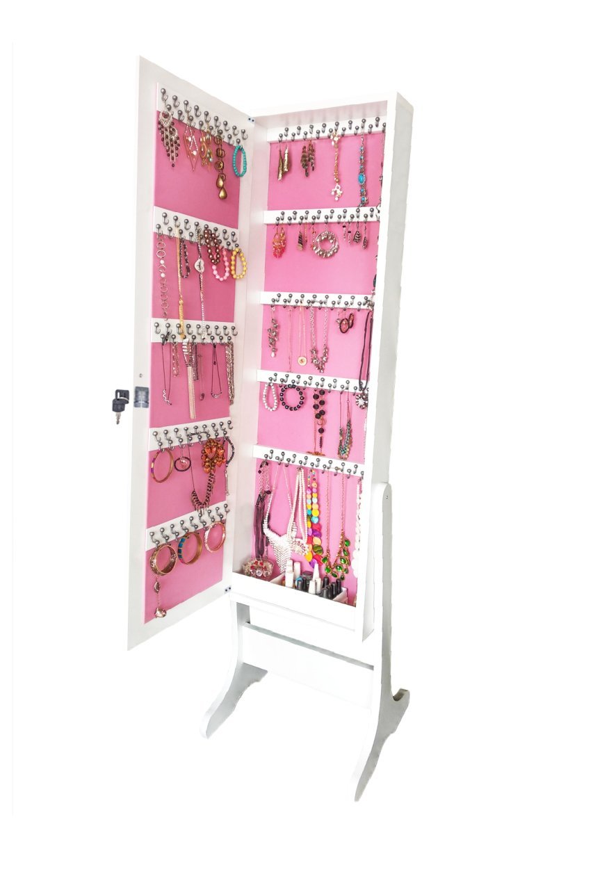 Takı Dolabı - İnci-Kilitli-Aynalı Takı Dolabı-BEYAZ-PEMBE