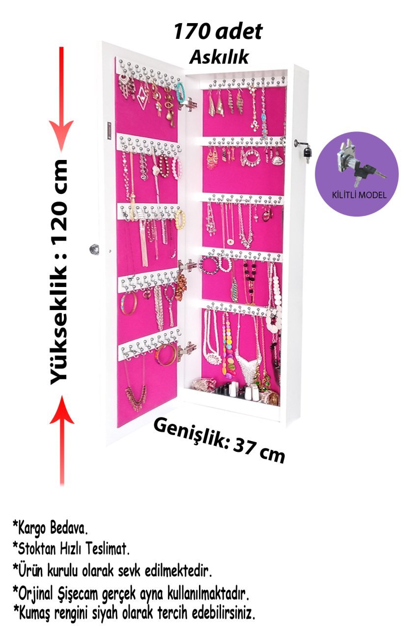 Takı Dolabı - İNCİ-Kilitli-Duvara Asma Takı Dolabı-BEYAZ-FUŞYA