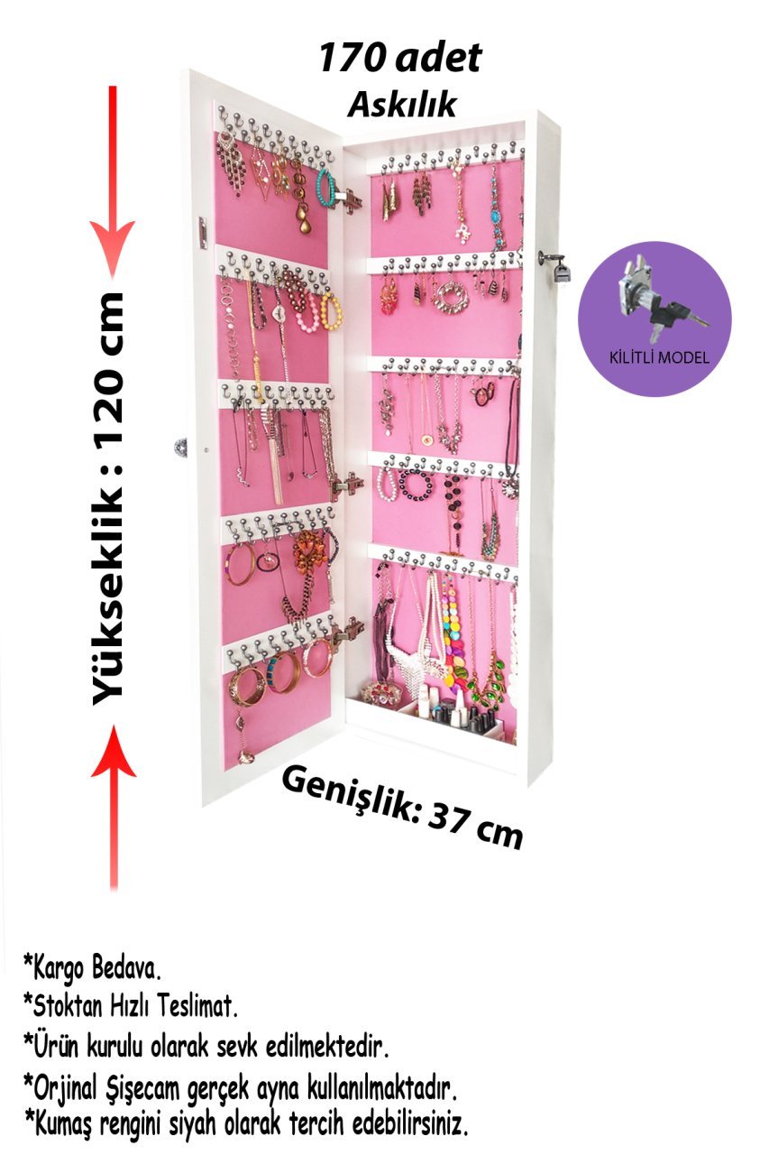 Takı Dolabı - İNCİ-Kilitli-Duvara Asma Takı Dolabı-BEYAZ-PEMBE