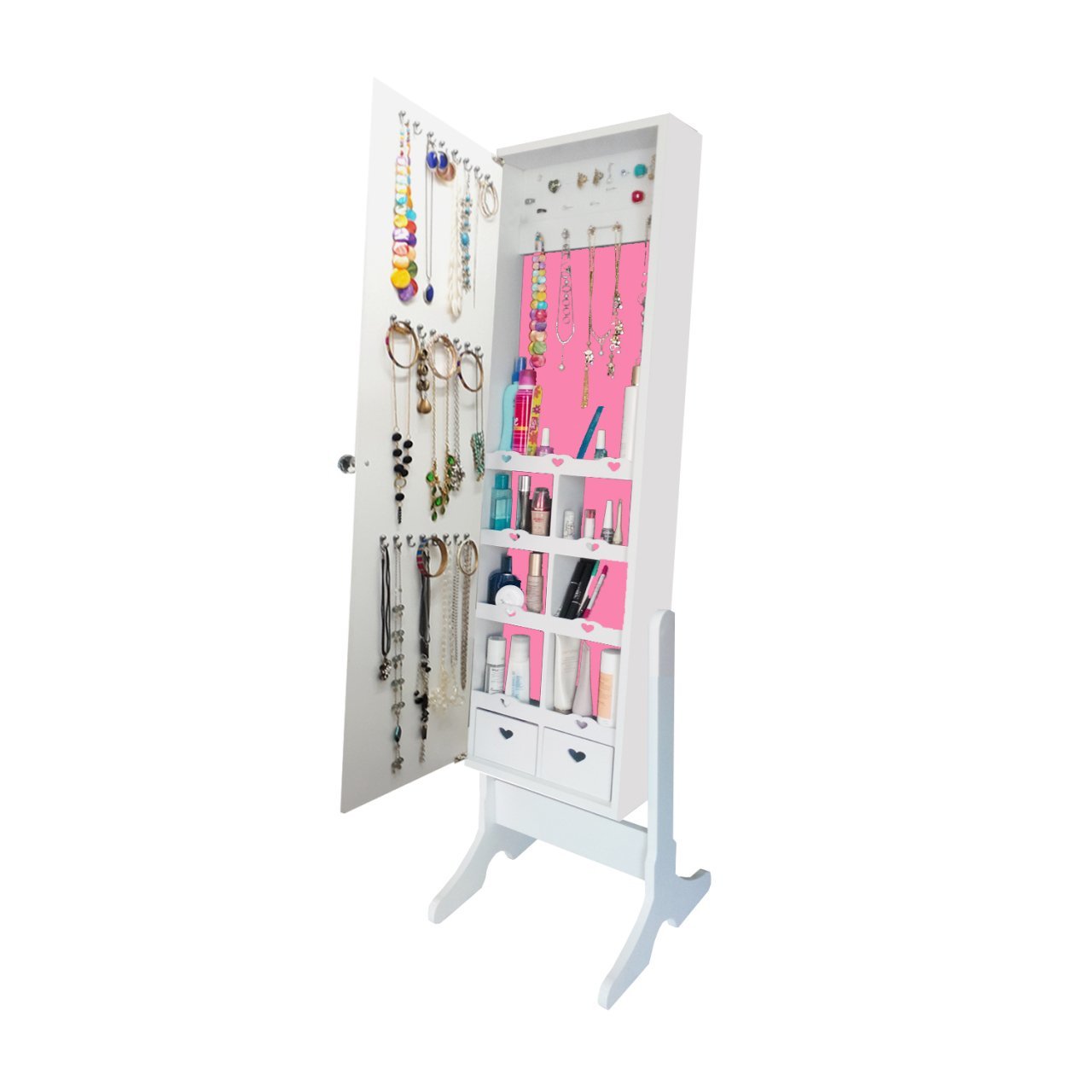 Takı Dolabı - 08 - Number One Aynalı Takı Dolabı -- Ayaklı Beyaz/Pembe