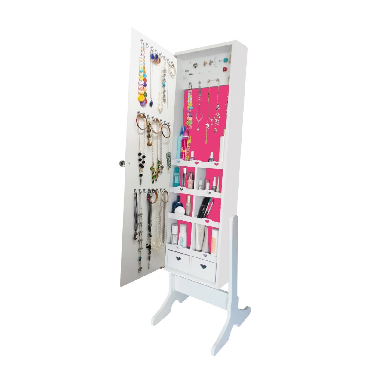 Takı Dolabı - 08 - Number One Aynalı Takı Dolabı -- Ayaklı Beyaz/Fuşya