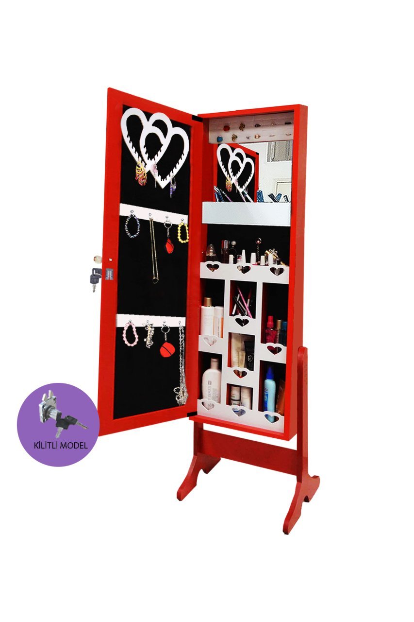 Takı Dolabı - Trendy- Kilitli - Aynalı Takı Dolabı-KIRMIZI/SİYAH