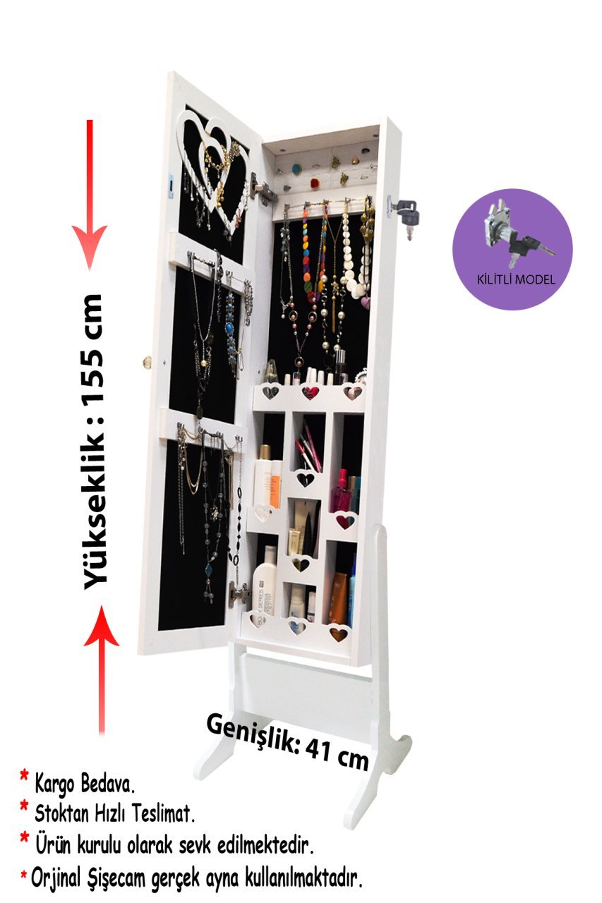 Takı Dolabı - Trendy- Kilitli - Aynalı Takı Dolabı-BEYAZ/SİYAH