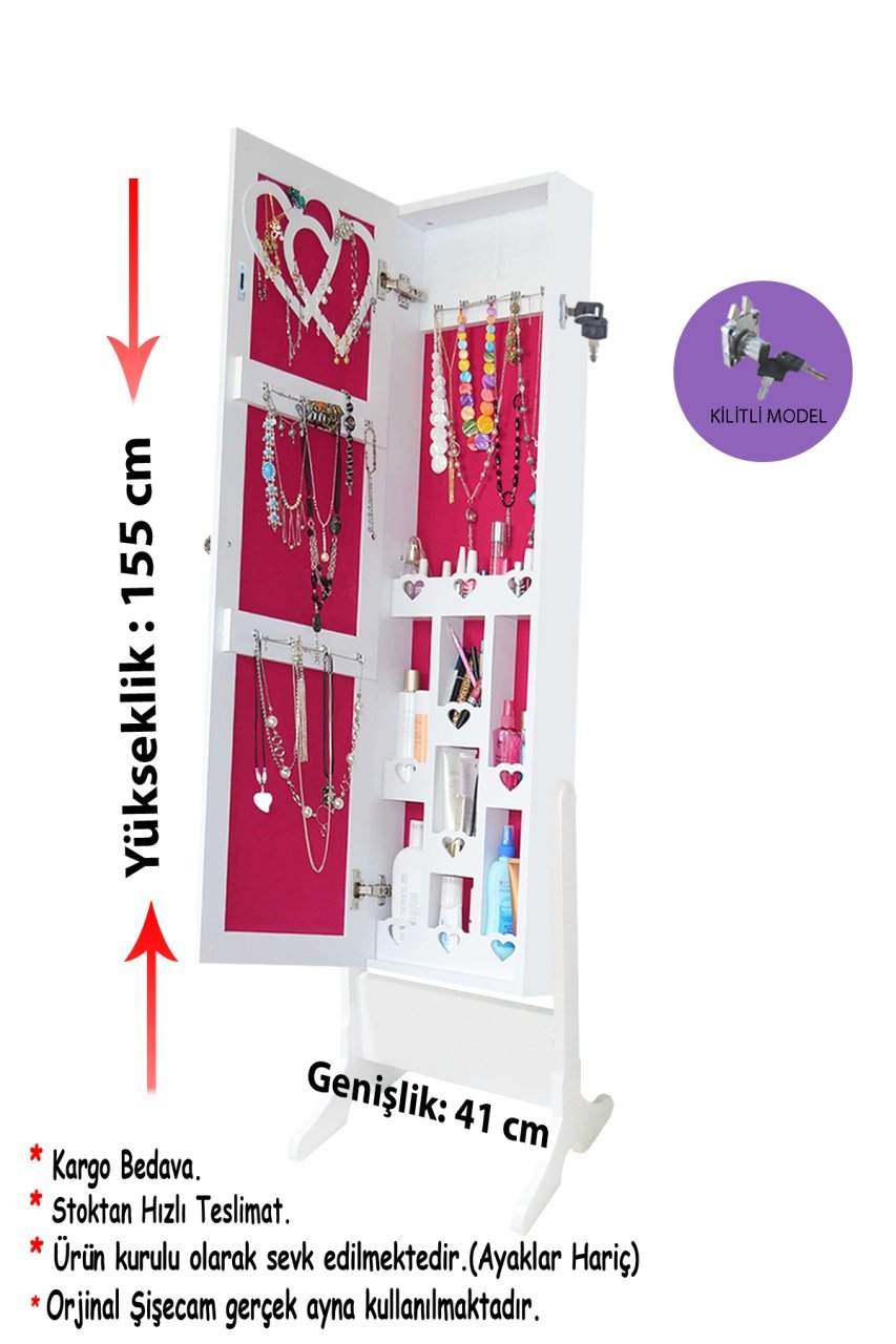 Takı Dolabı - Trendy- Kilitli - Aynalı Takı Dolabı-BEYAZ/FUŞYA