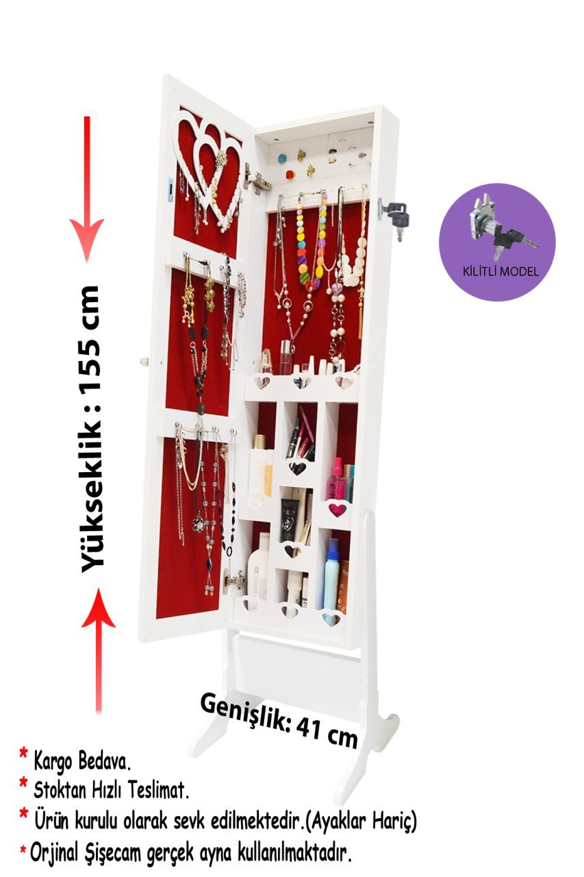 Takı Dolabı - Trendy- Kilitli - Aynalı Takı Dolabı-BEYAZ/KIRMIZI