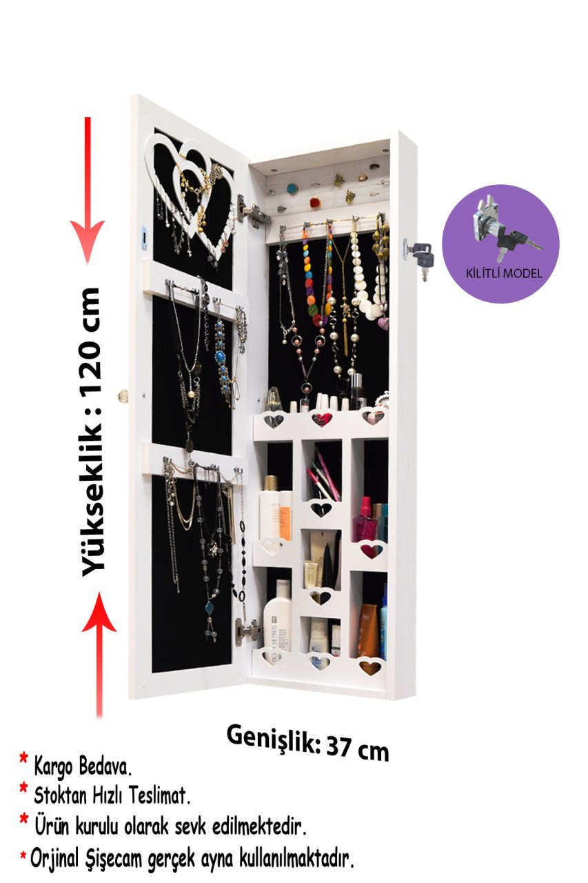 Takı Dolabı - Trendy- Kilitli - Aynalı Takı Dolabı Duvara Asma Beyaz/Siyah