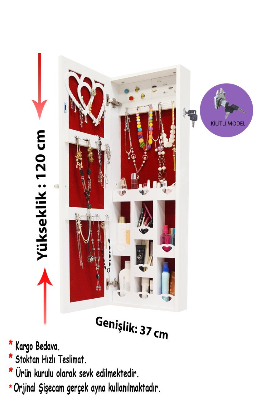 Takı Dolabı - Trendy- Kilitli - Aynalı Takı Dolabı Duvara Asma Beyaz/Kırmızı