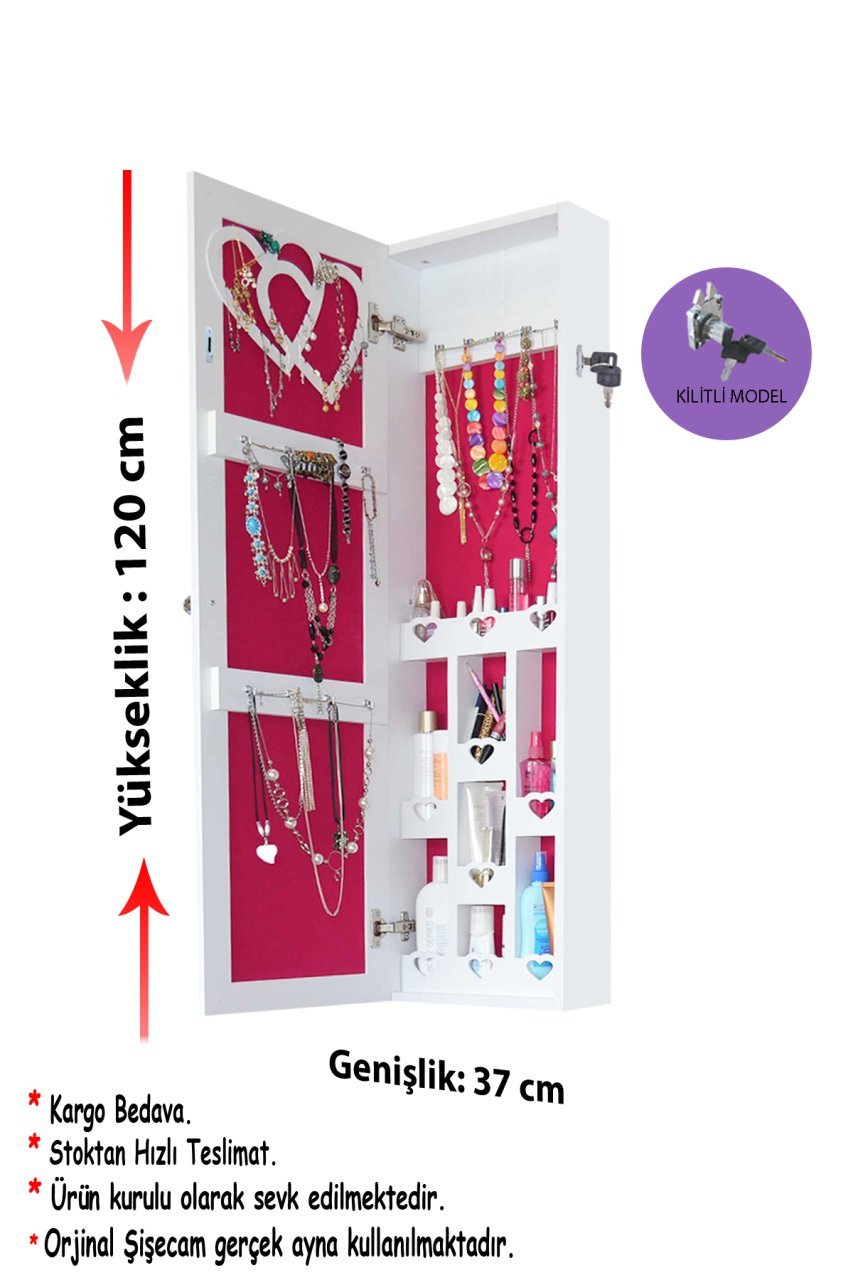 Takı Dolabı - Trendy- Kilitli - Aynalı Takı Dolabı Duvara Asma Beyaz/Fuşya
