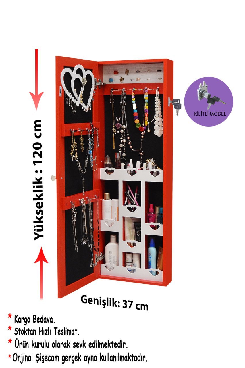 Takı Dolabı - Trendy- Kilitli - Duvara Asma - Aynalı Takı Dolabı - Kırmızı/Siyah