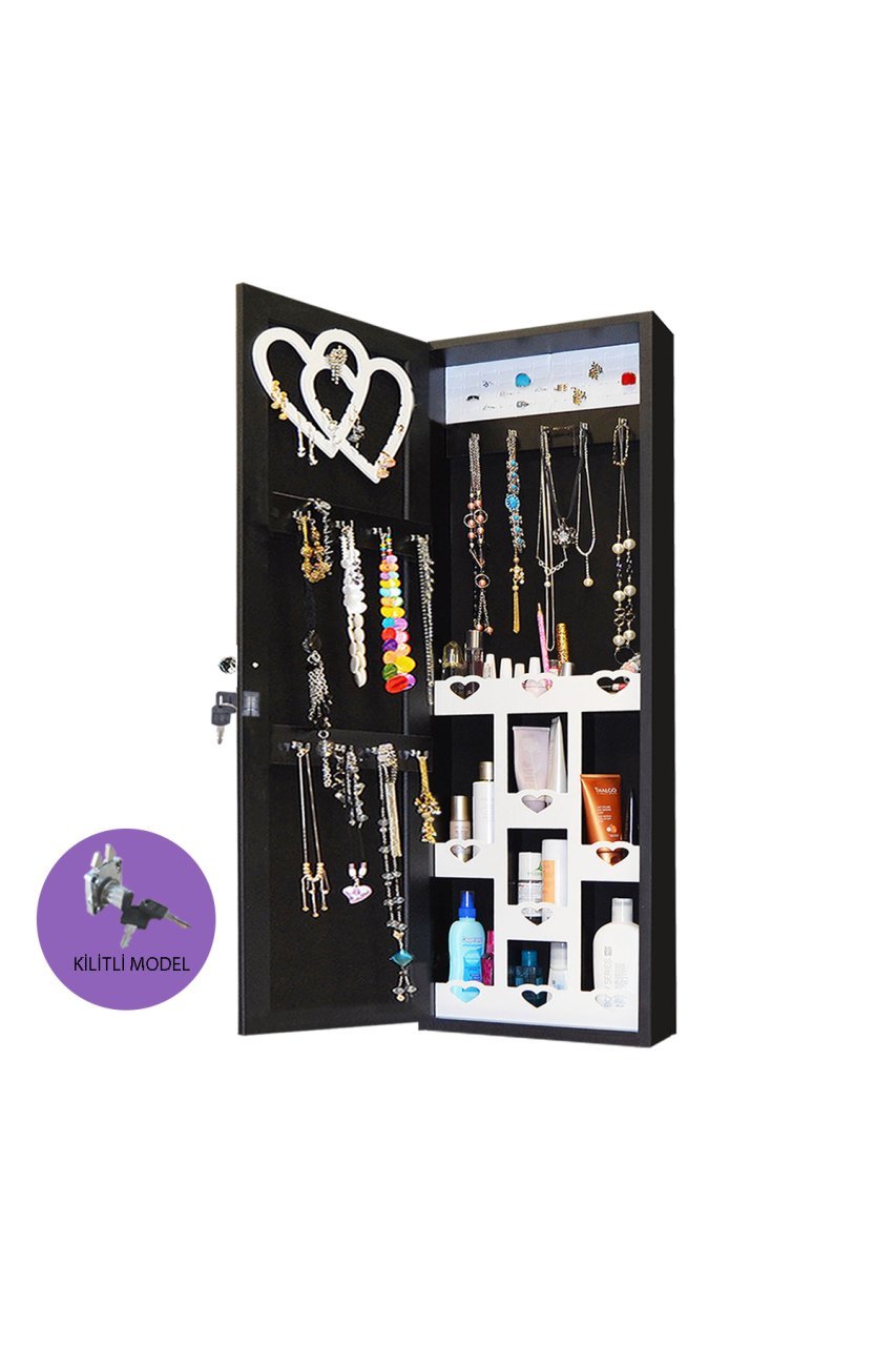 Takı Dolabı - Trendy- Kilitli - Duvara Asma - Aynalı Takı Dolabı - Siyah/Siyah