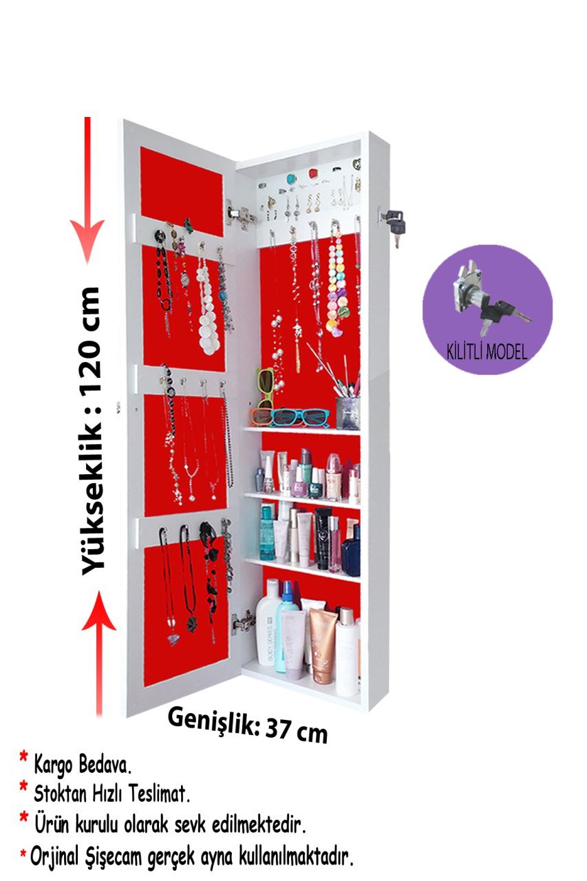 Takı Dolabı - First-Kilitli-Duvara asma-Aynalı Takı Dolabı-BEYAZ/KIRMIZI