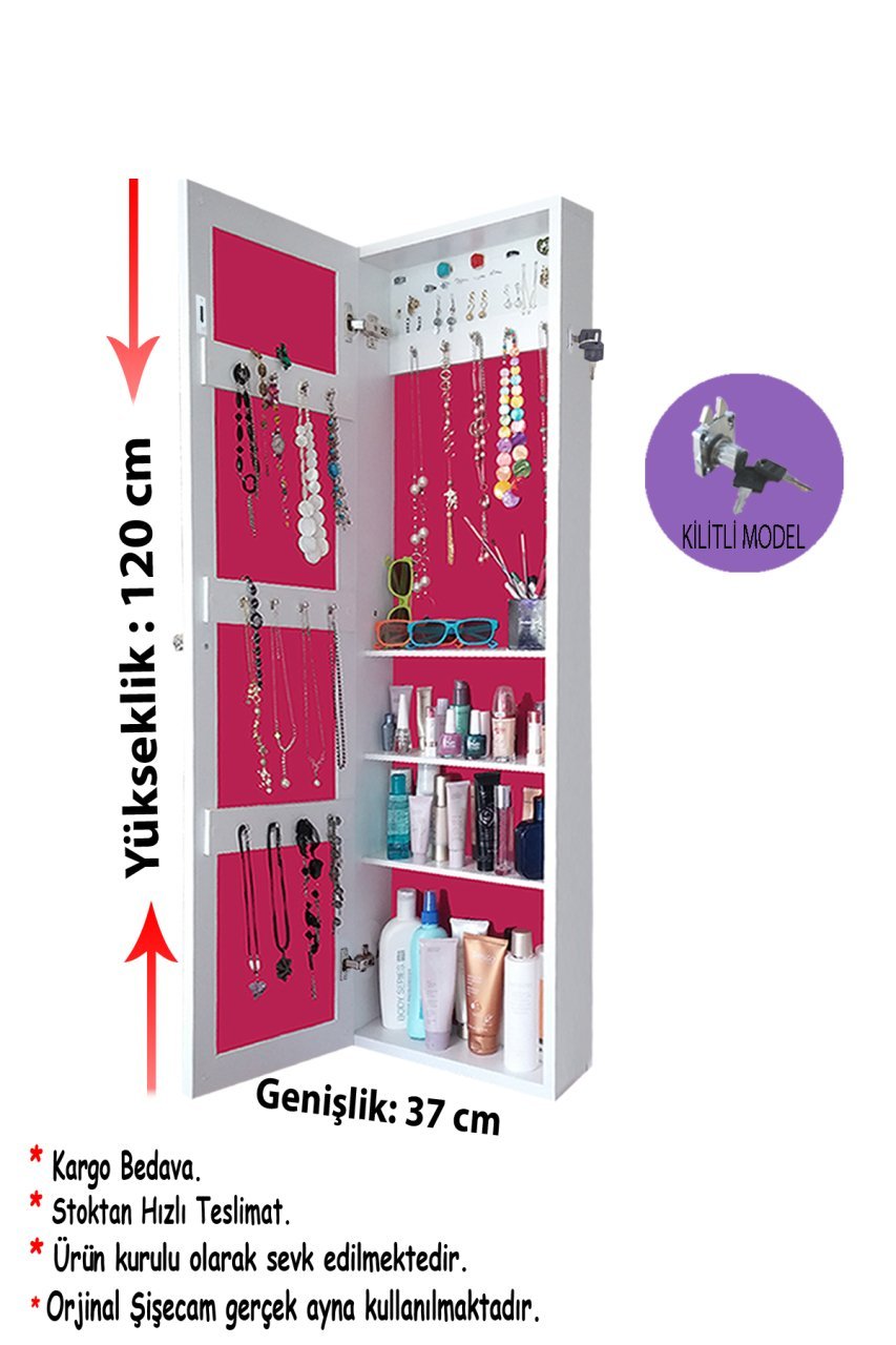 Takı Dolabı - First-Kilitli-Duvara asma-Aynalı Takı Dolabı-BEYAZ/FUŞYA