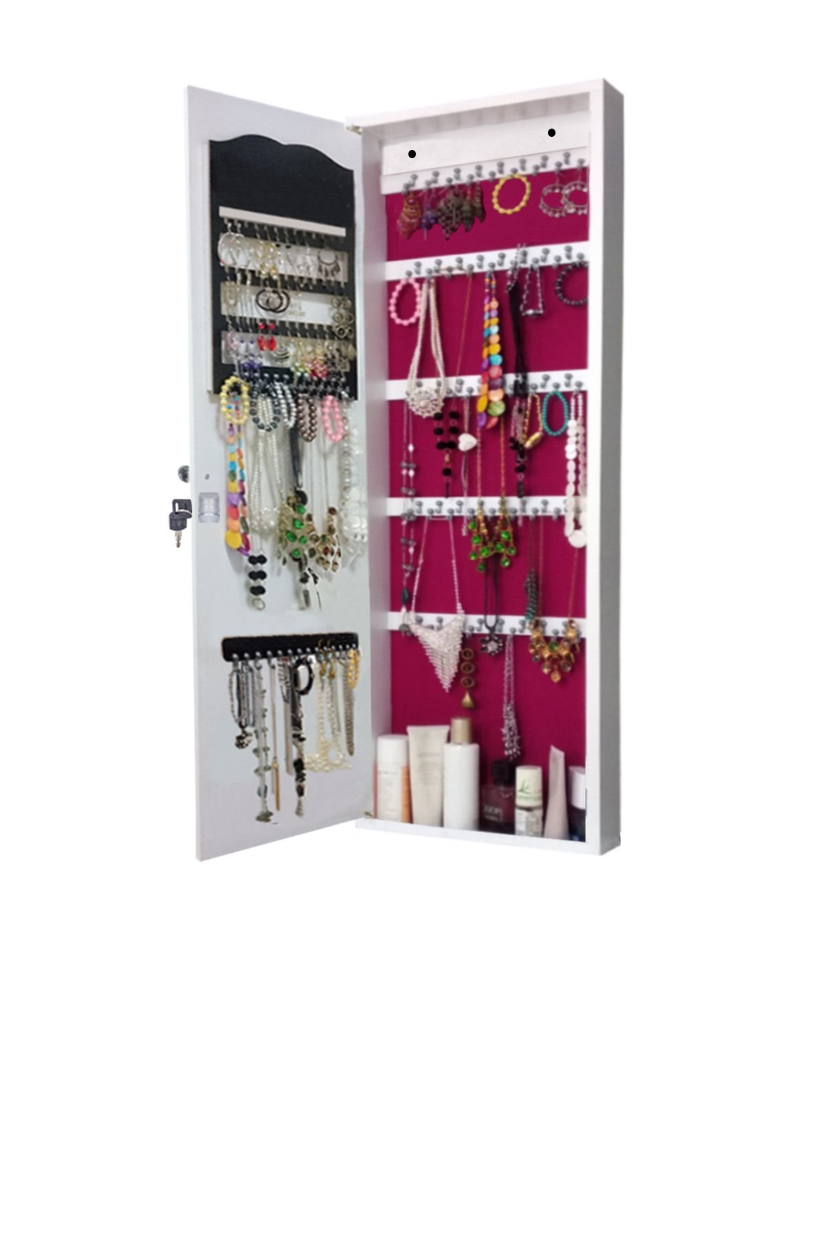 İnci - Kilitli - Duvara Asma - Takı Dolabı -  Beyaz/Fuşya