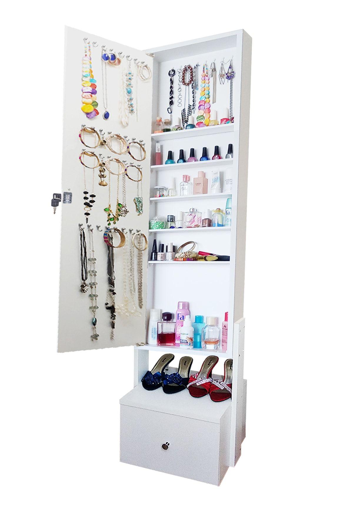 First Mobilya - Yıldız - Kilitli - Demonte - Çekmeceli - Aynalı - Hediyelik Çok Amaçlı Takı Dolabı - Beyaz